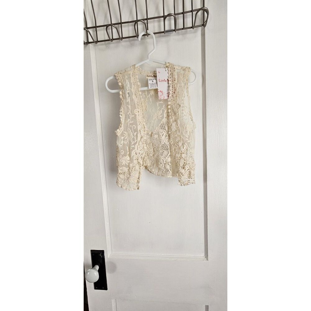 NWT Sassy Bling Little Sassy girls chrochet open front vest cotton Ivory Small